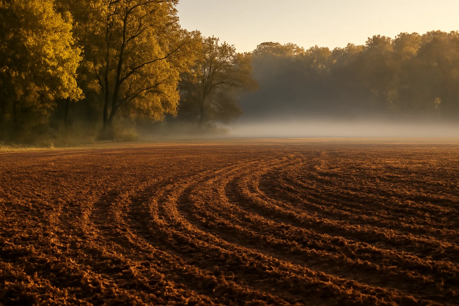 Freshly tilled deer food plot in Tennessee at golden hour before fall planting