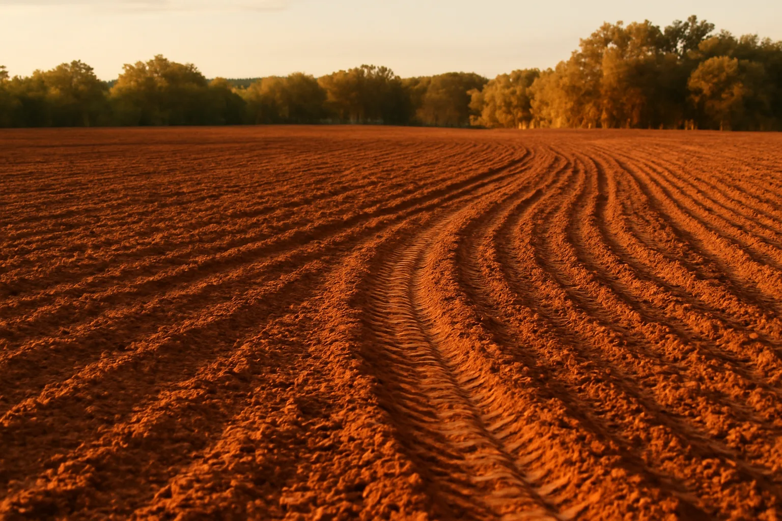 Freshly tilled Texas food plot field at sunset ready for fall planting