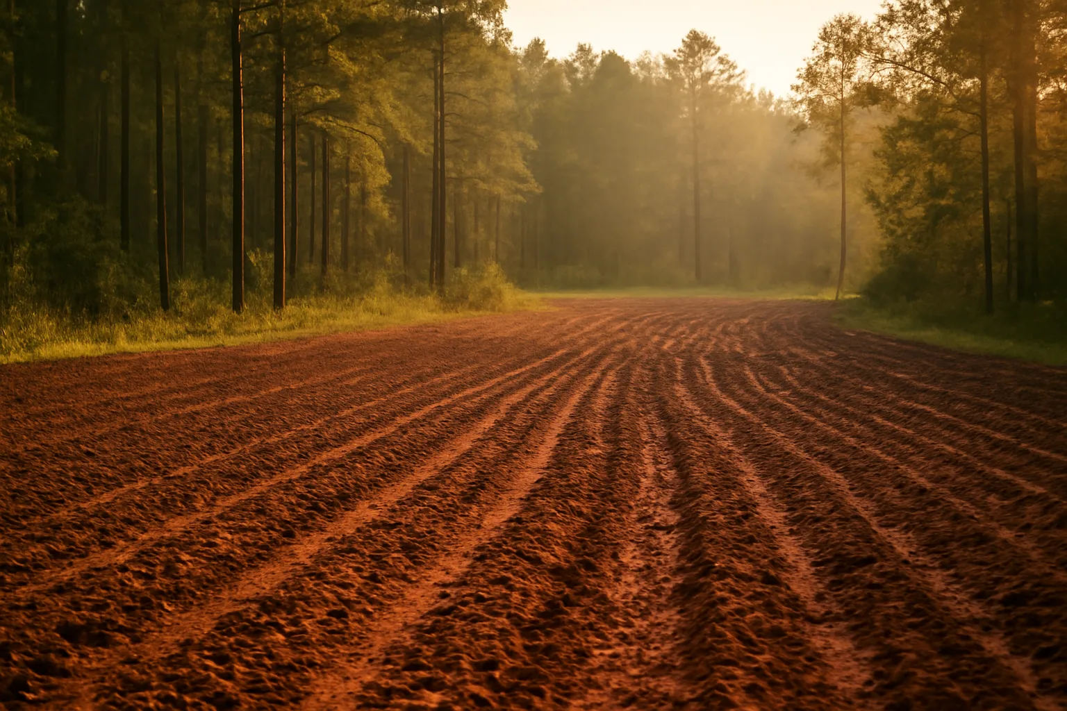 Freshly tilled fall food plot bordered by pine trees in Alabama at sunset