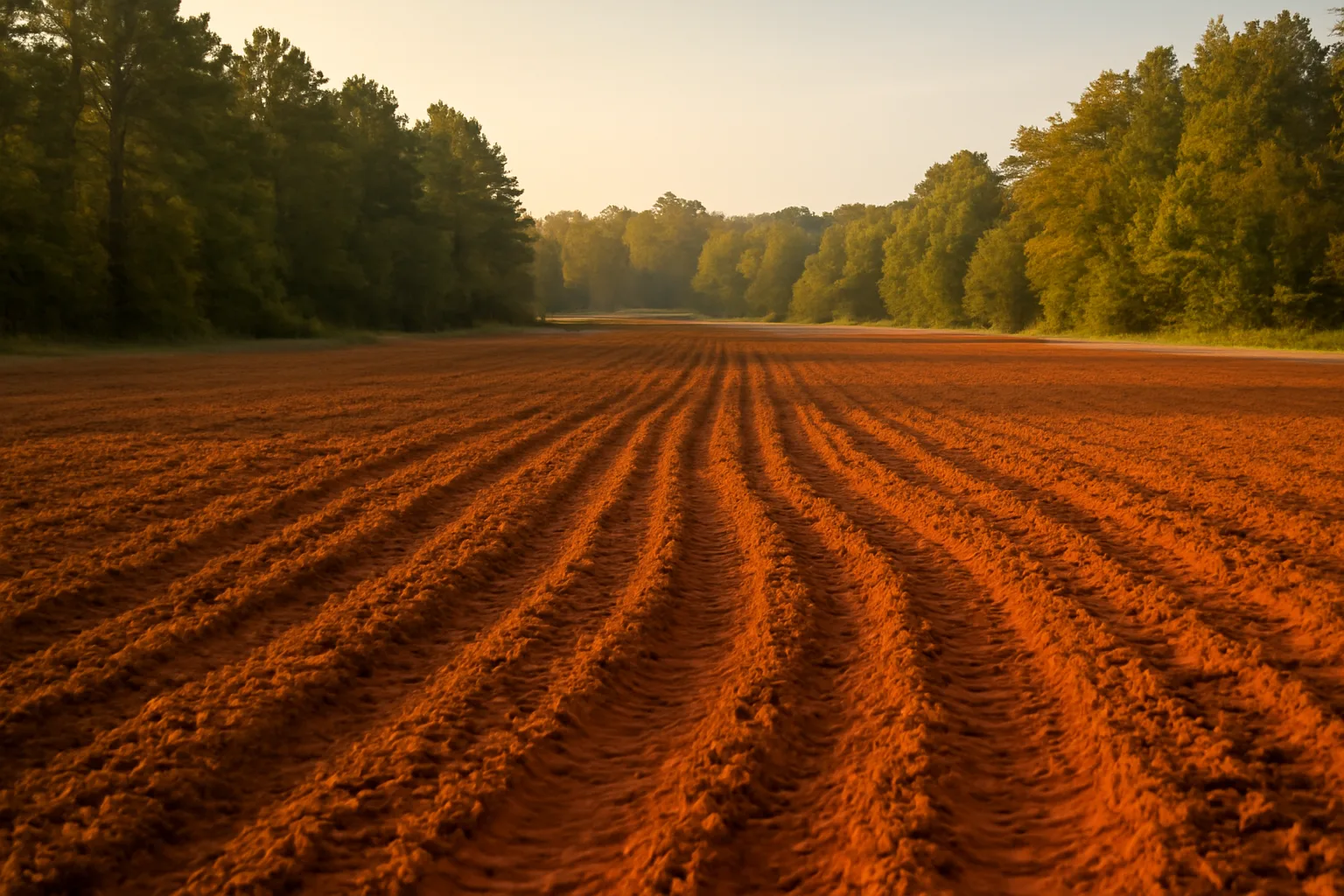 Freshly tilled Georgia food plot field ready for fall planting near woodline