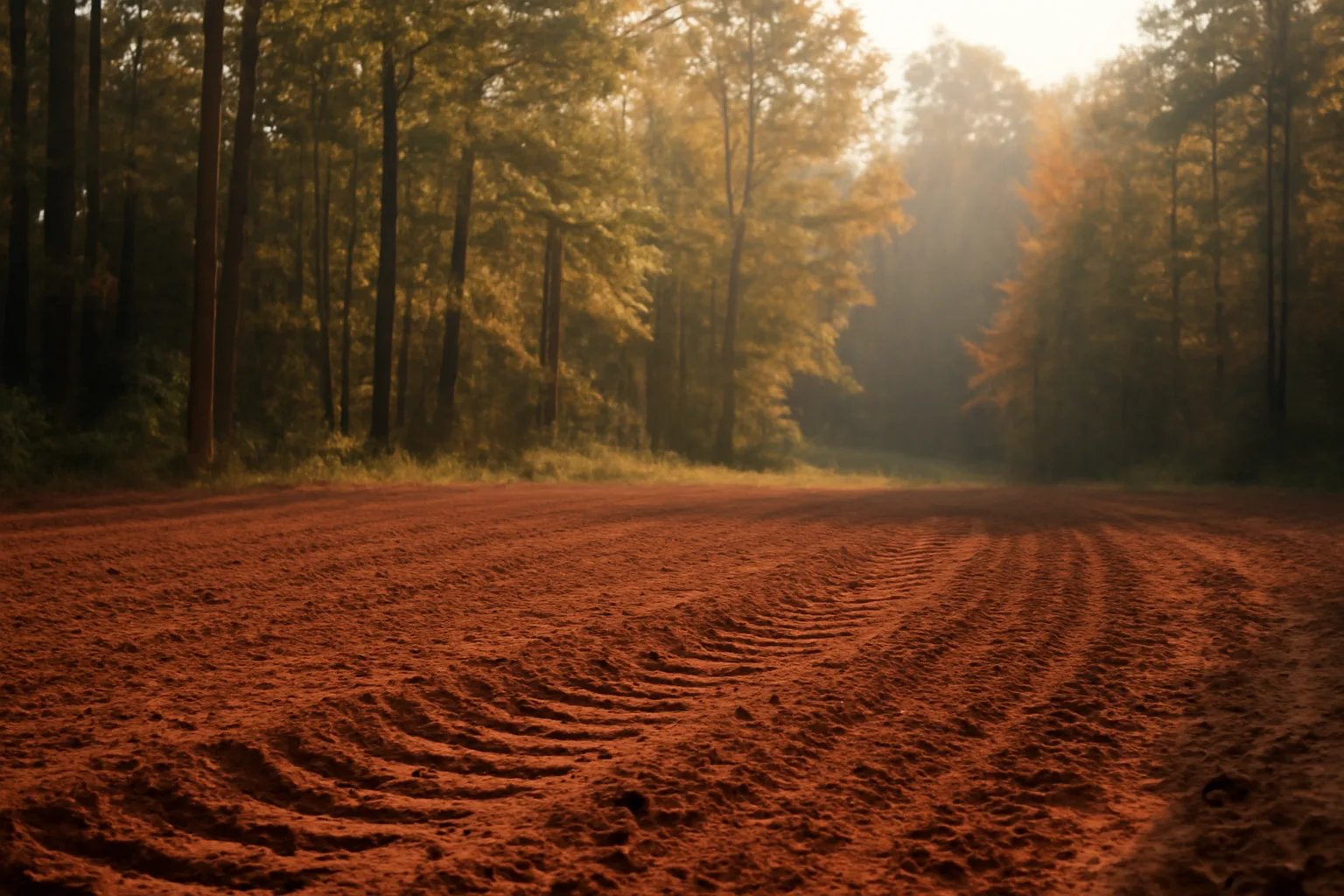 Freshly tilled red clay food plot bordered by Georgia pine woods at dusk