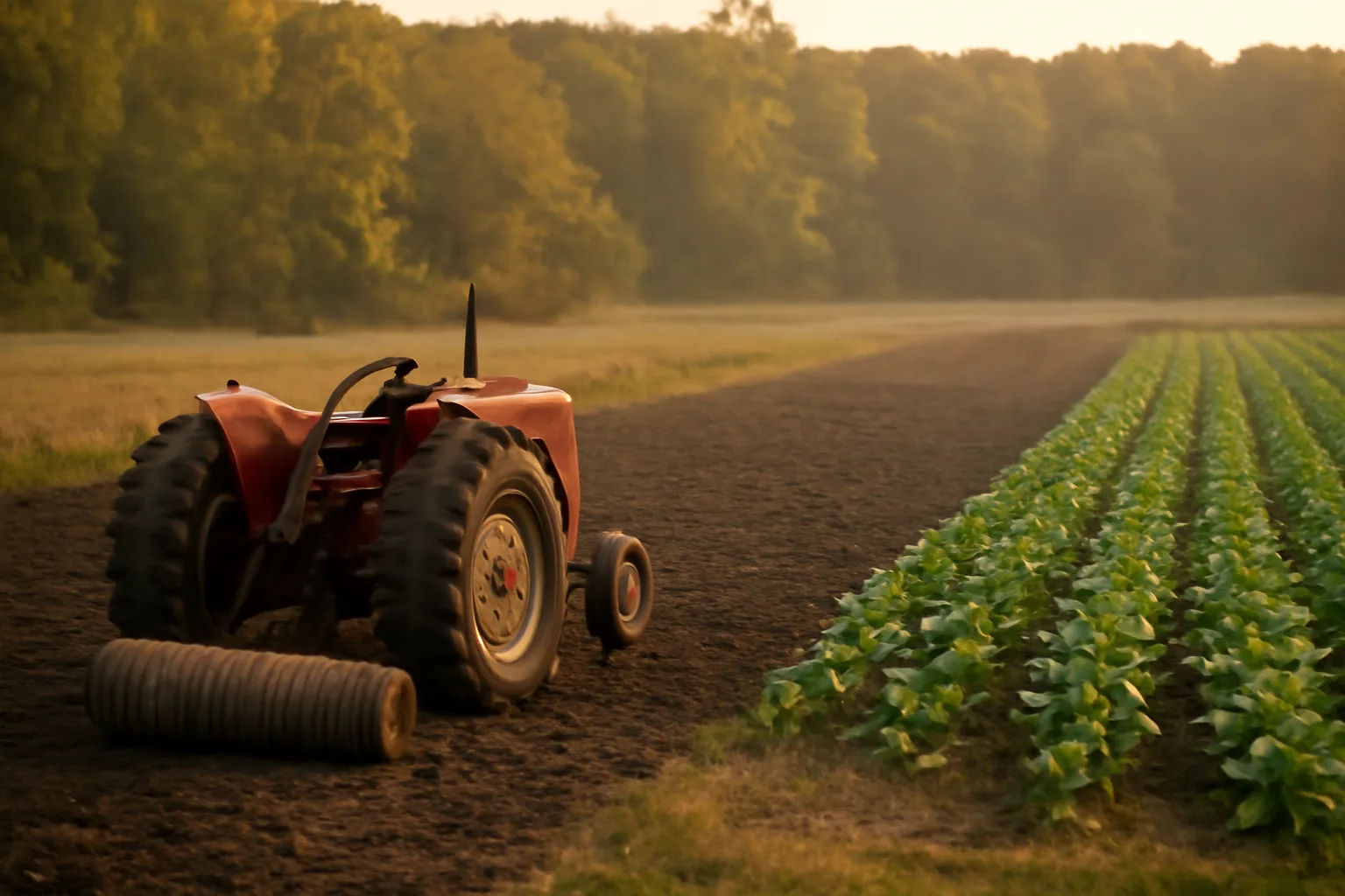 Tractor and cultipacker beside a freshly planted fall food plot in Michigan