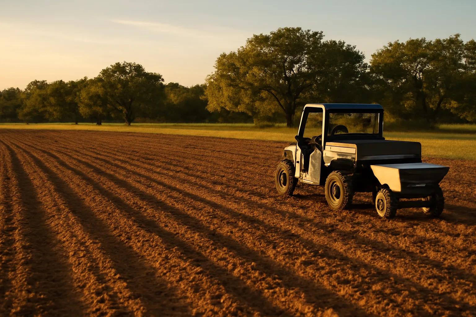 Freshly prepared fall food plot field on a Texas ranch at sunset