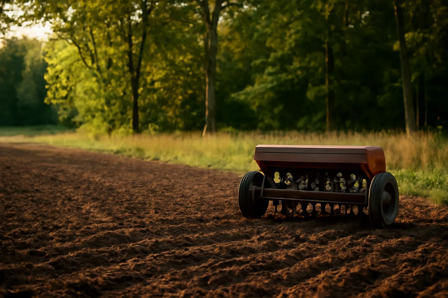 Freshly tilled Michigan food plot at forest edge in late summer light