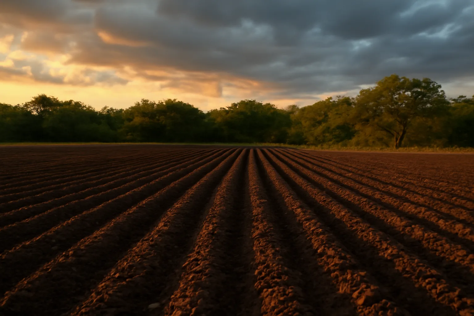 Freshly tilled food plot field in Texas at sunset before fall planting
