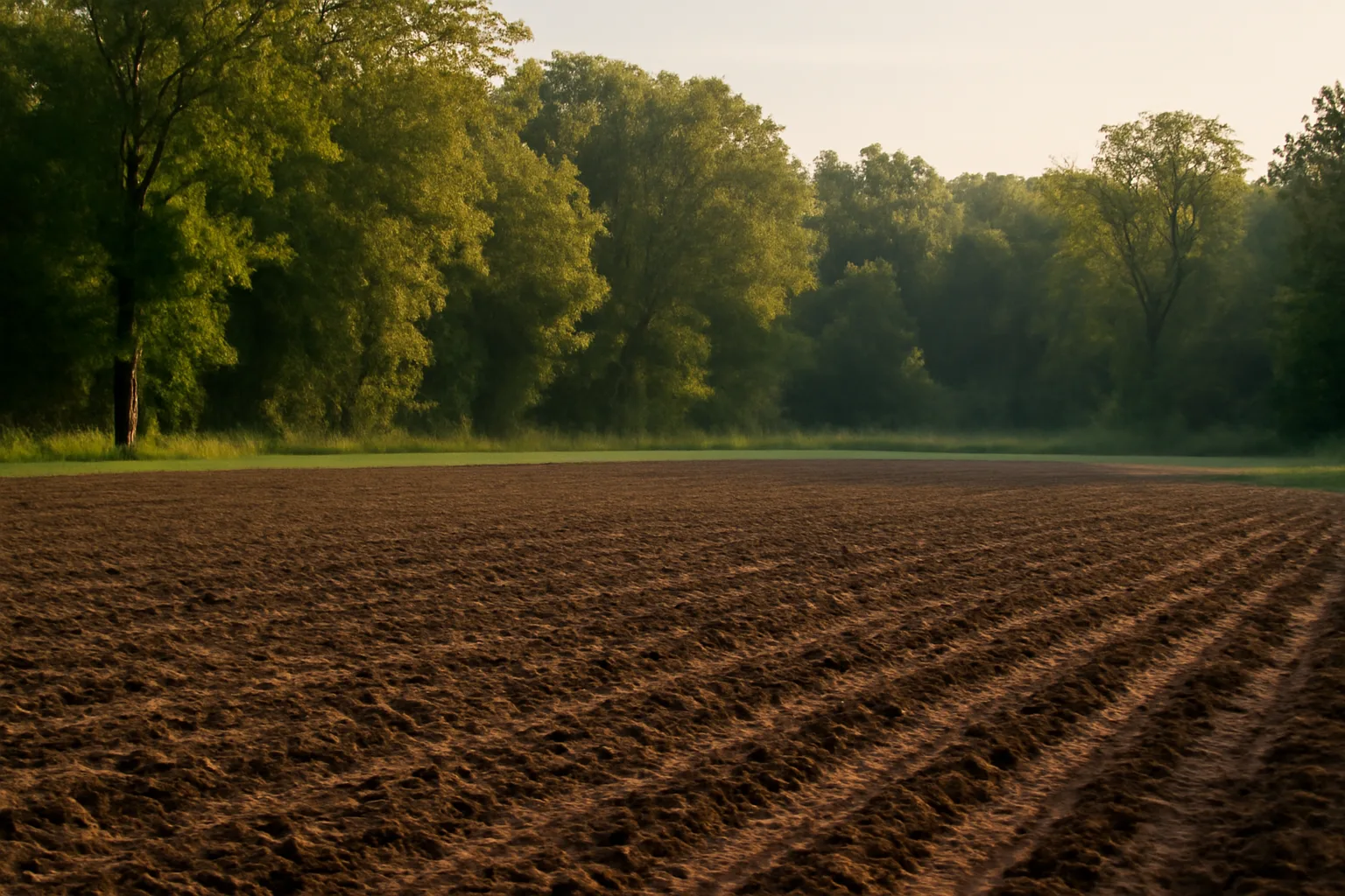 Freshly tilled Wisconsin food plot ready for late-summer planting near forest edge