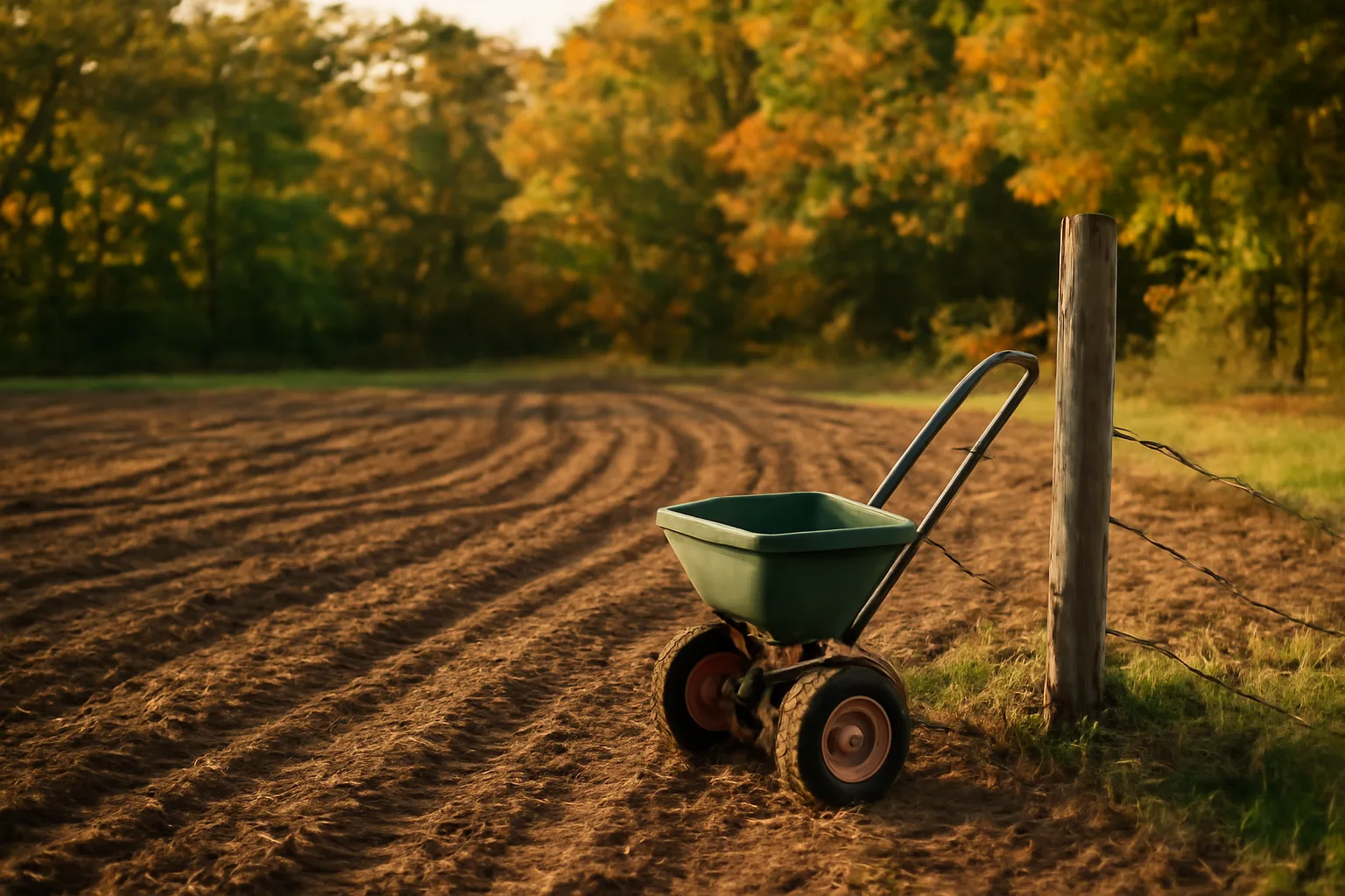 Freshly tilled fall food plot at golden hour with seed spreader and treeline