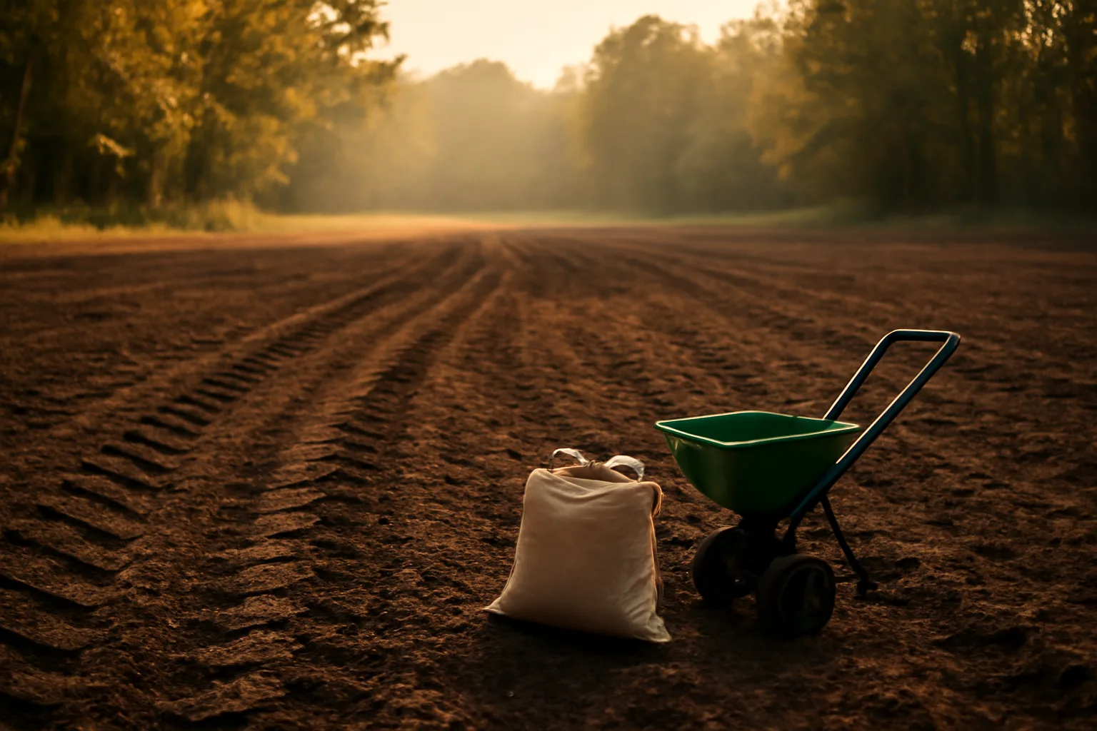 Freshly tilled Arkansas food plot at sunset ready for fall planting