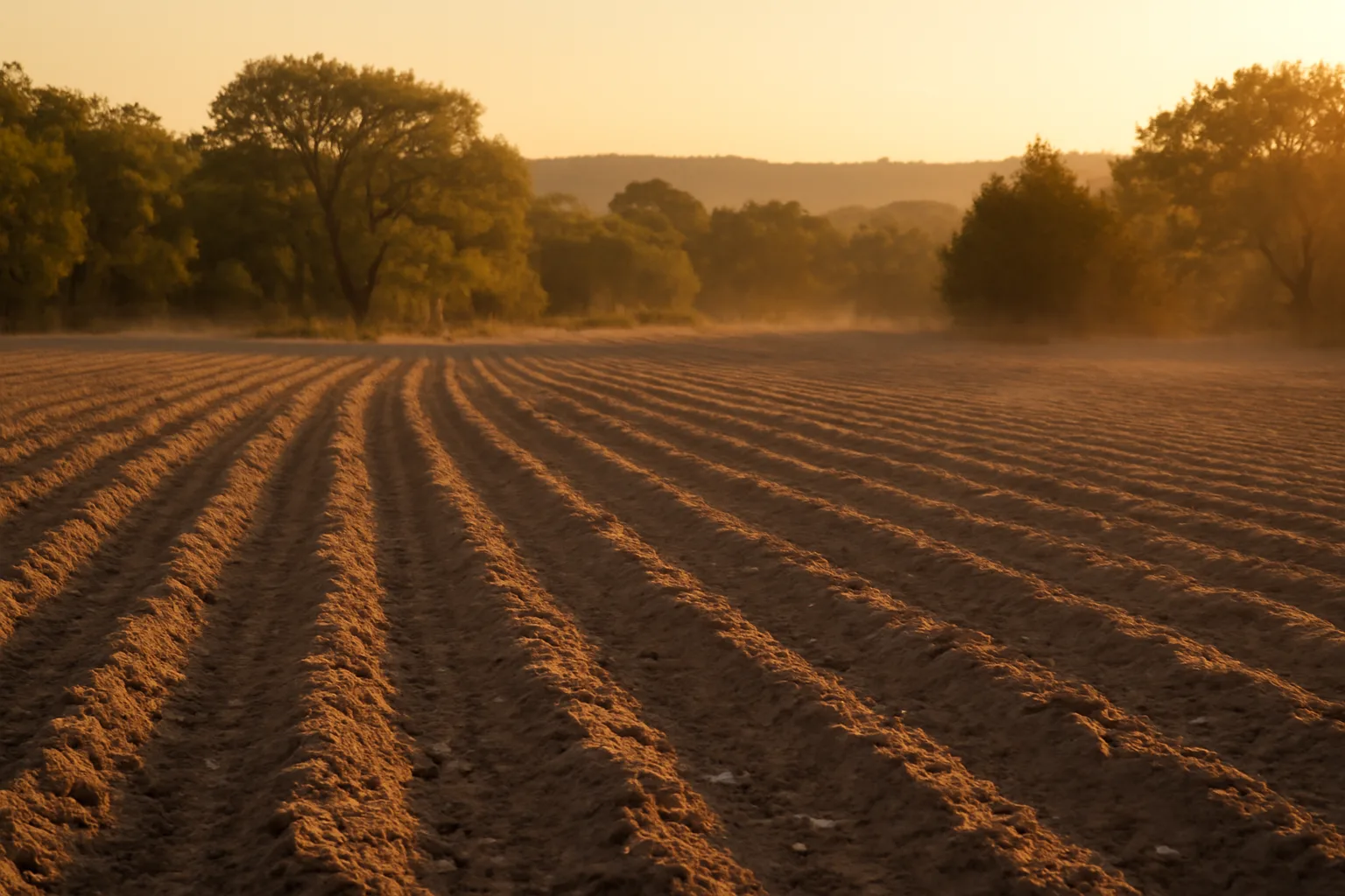 Freshly disked food plot rows in Central Texas hill country at sunset