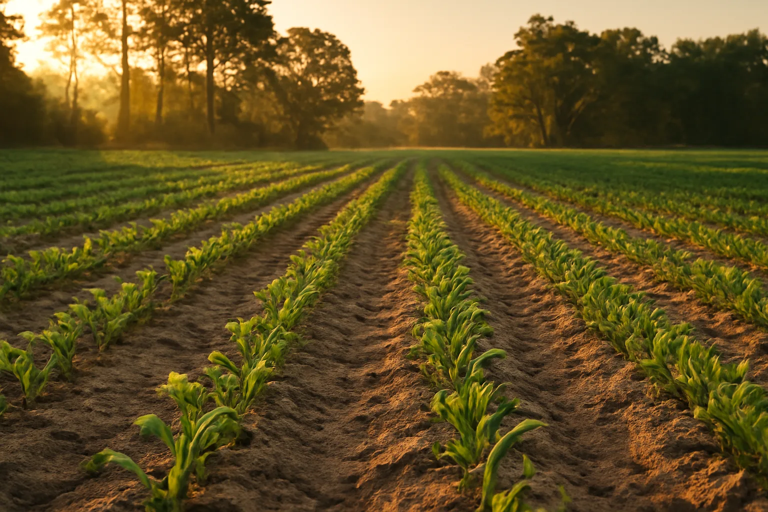Sandy Florida food plot field with cover crop rows at sunset near pine treeline