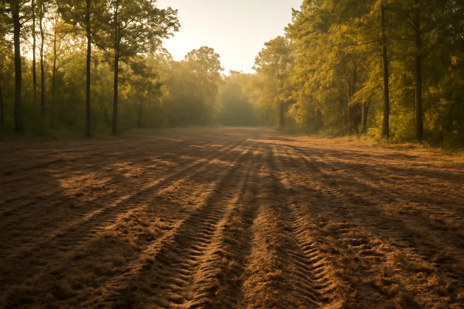 Freshly tilled food plot clearing in a Louisiana woodlot at dusk