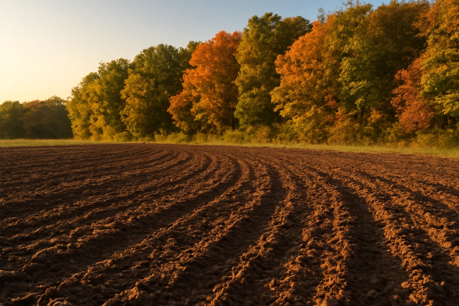 Freshly tilled Minnesota food plot field at sunset in early September