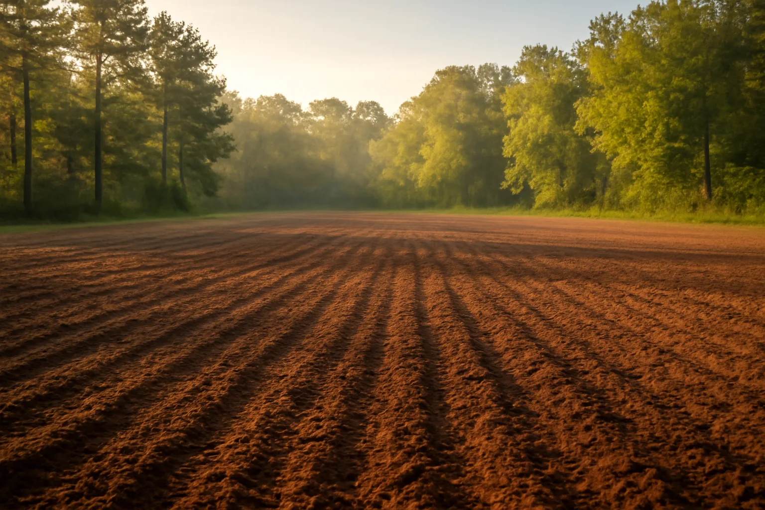 Freshly tilled deer food plot clearing surrounded by Mississippi hardwood and pine trees at dawn