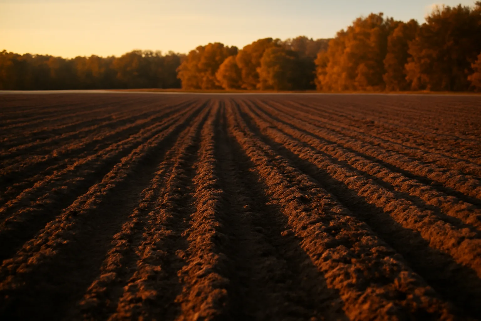 Freshly tilled Missouri food plot field at sunset before fall planting