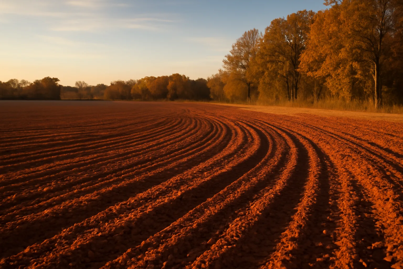 Freshly tilled Oklahoma food plot field bordered by oak trees at sunset