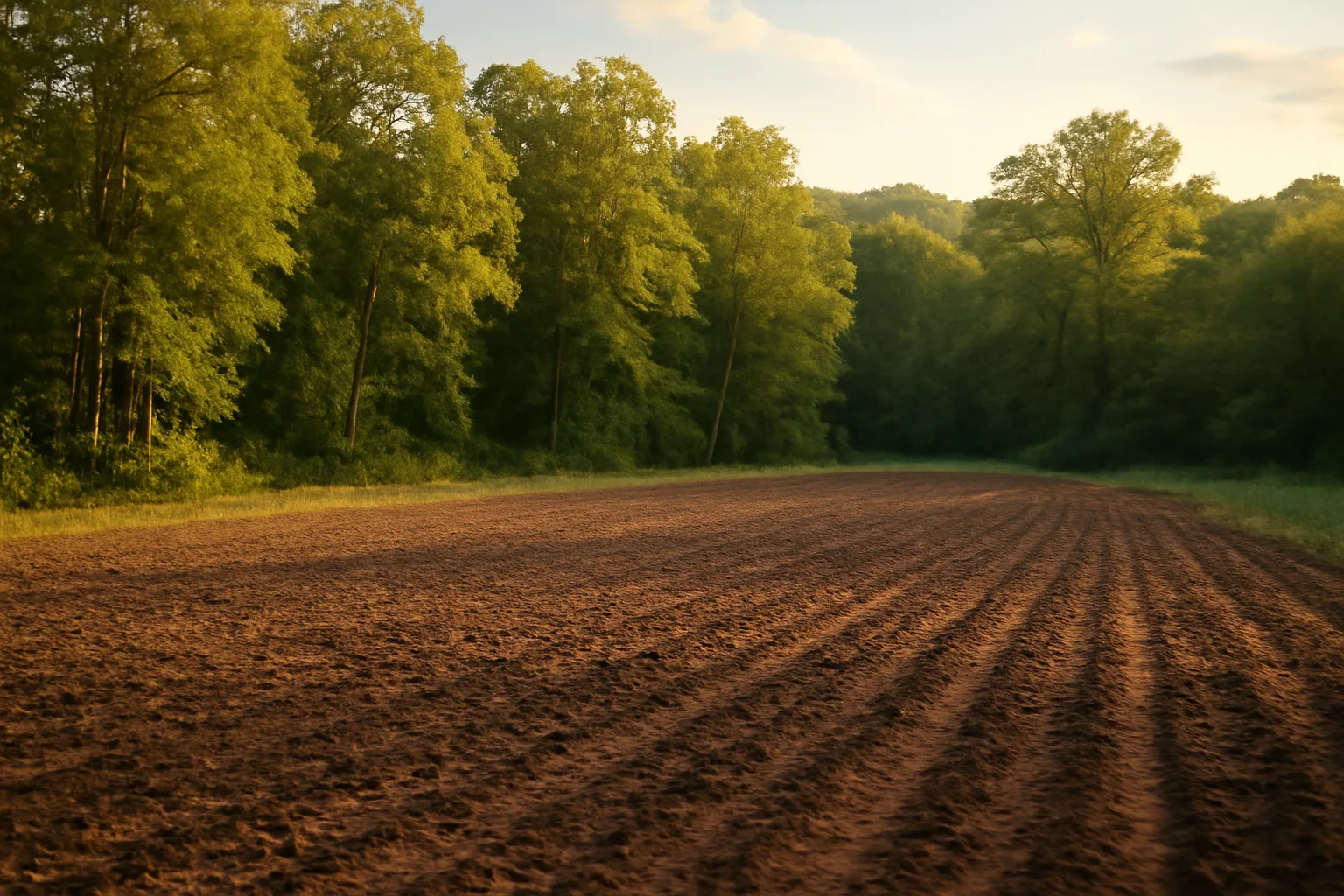Freshly tilled food plot field bordered by autumn hardwoods in Tennessee hill country