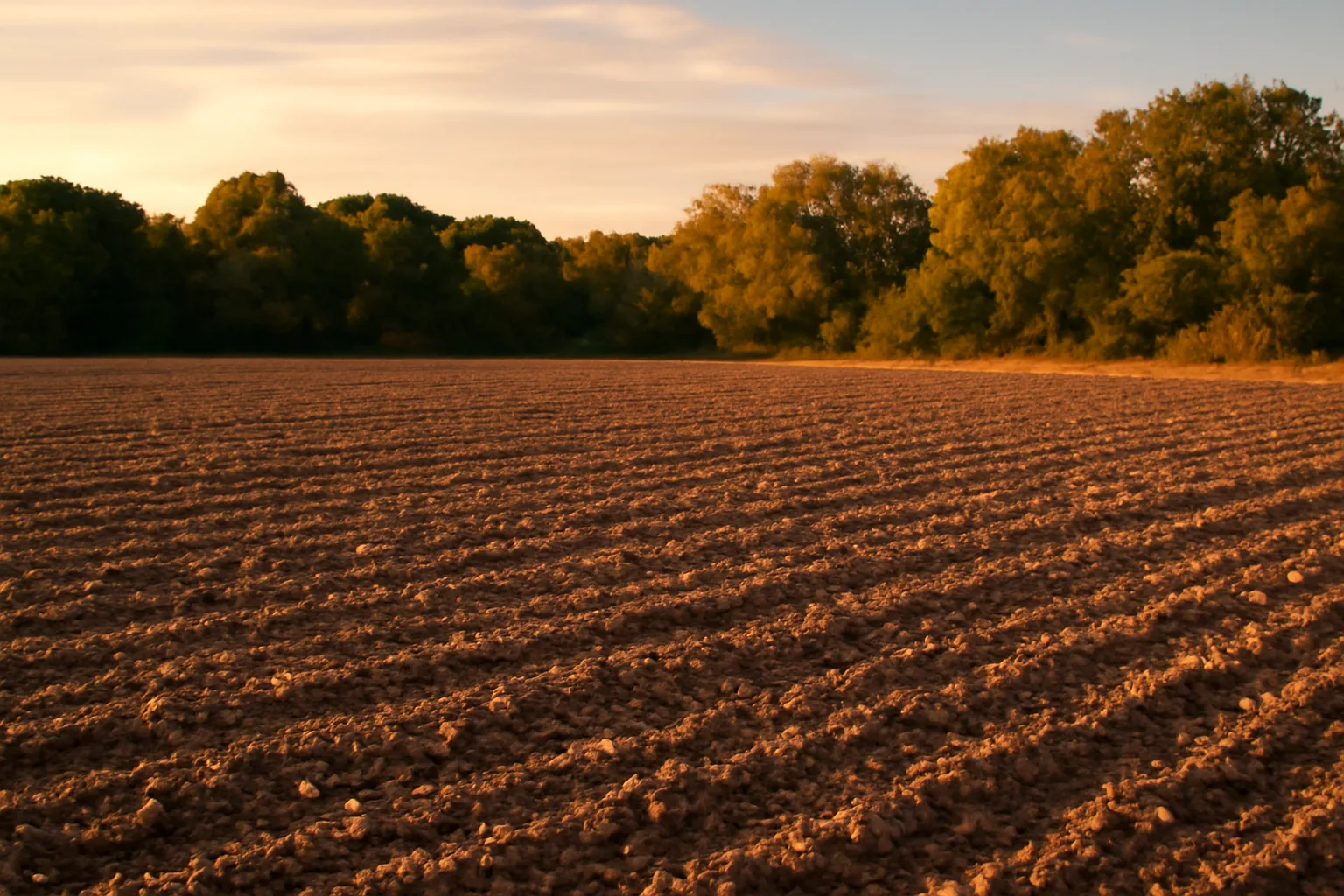 Freshly tilled Texas food plot field at sunset ready for fall planting