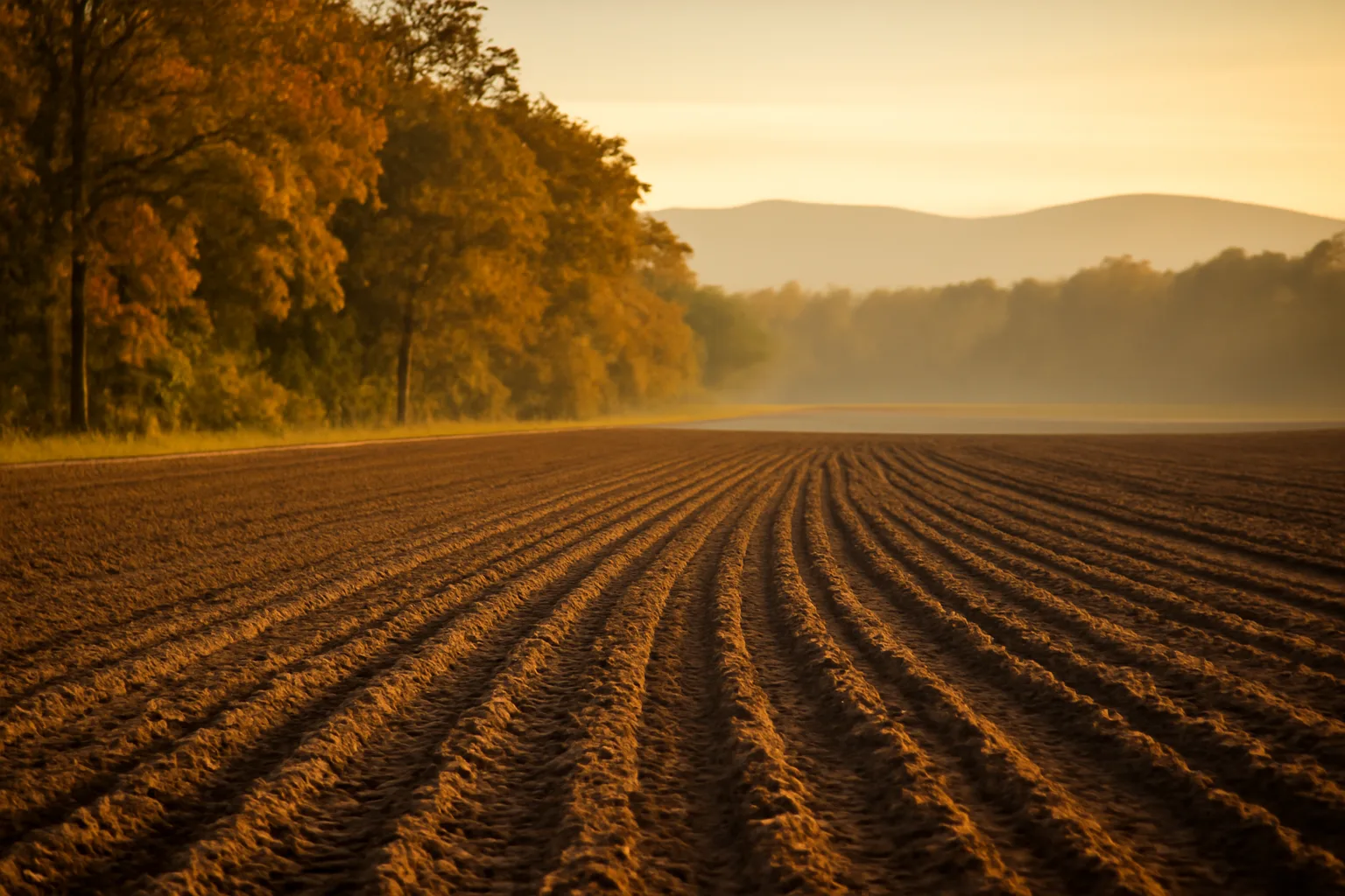 Freshly planted food plot field bordered by autumn hardwoods in rural Virginia