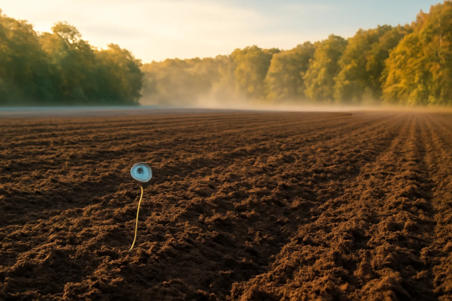 Freshly tilled food plot field at dawn with soil thermometer in foreground near woods edge