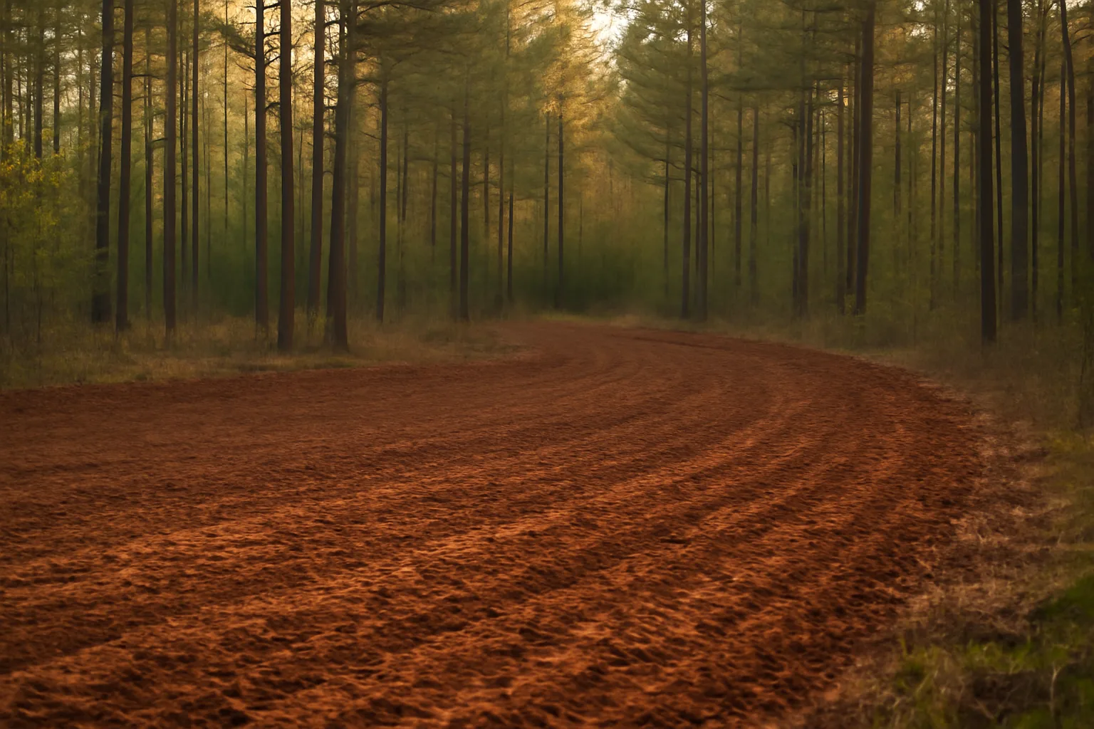 Freshly tilled spring food plot clearing surrounded by Georgia pine forest