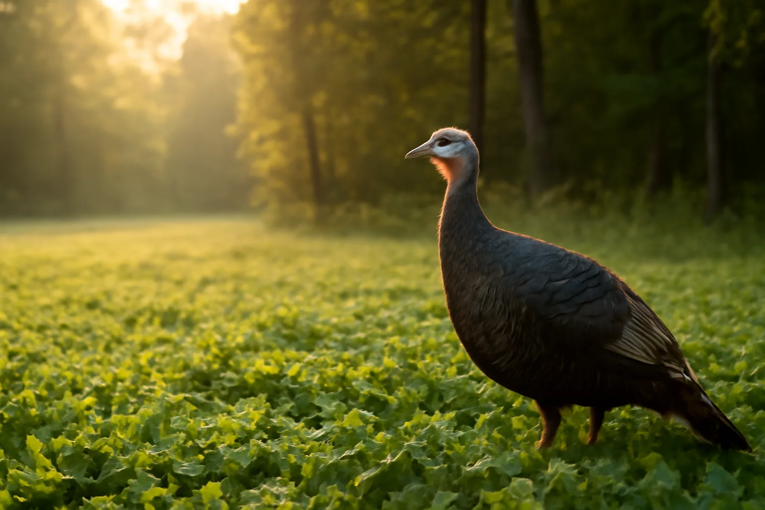 Wild turkey hen feeding at the edge of a spring clover food plot at dawn