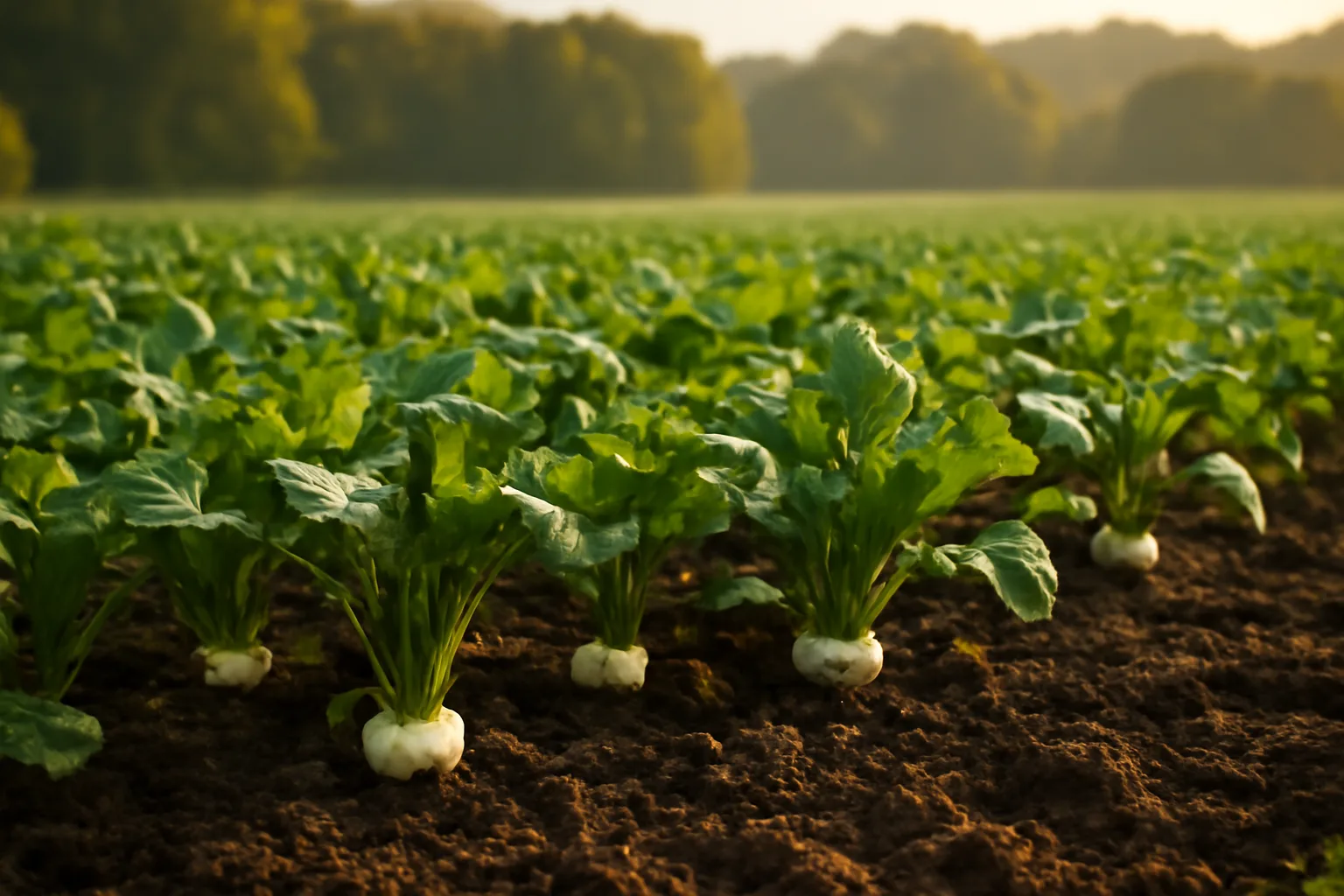 Turnip food plot rows with bulbs emerging from soil in early autumn light
