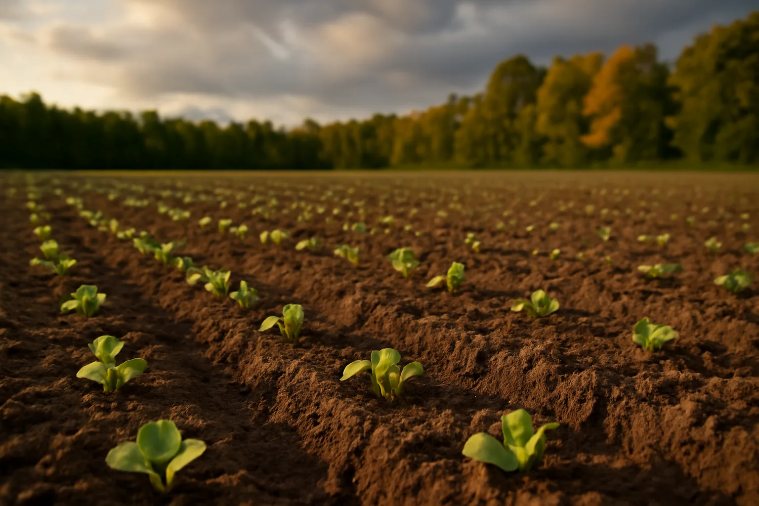 Young turnip seedlings emerging in a freshly worked deer food plot in early fall