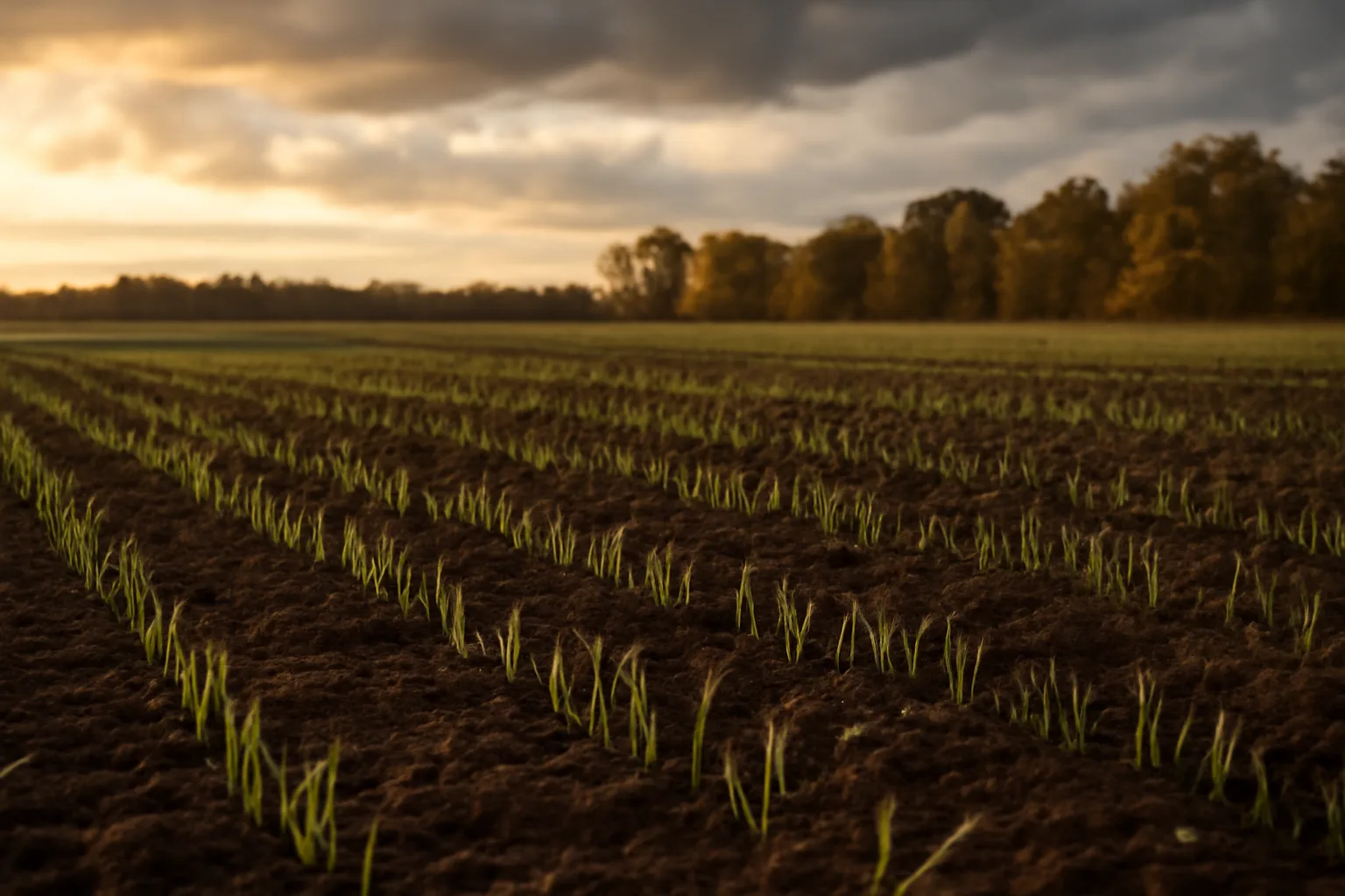 Young winter rye shoots emerging in a tilled fall food plot at dusk