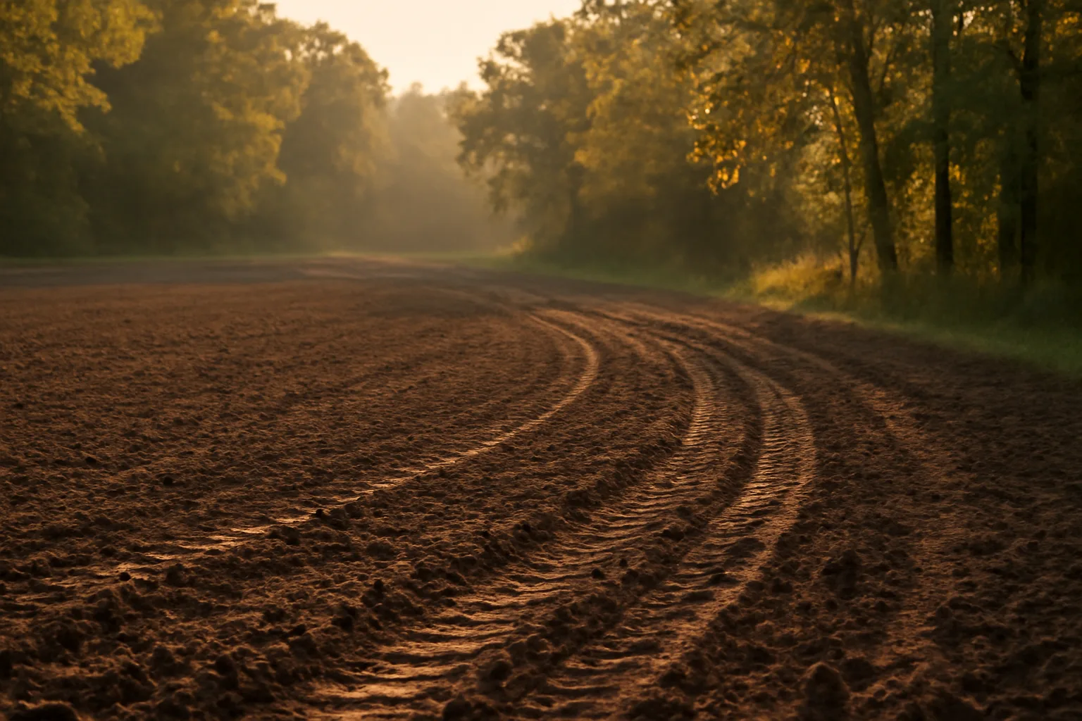 Freshly planted winter wheat food plot rows at dusk near a hardwood treeline