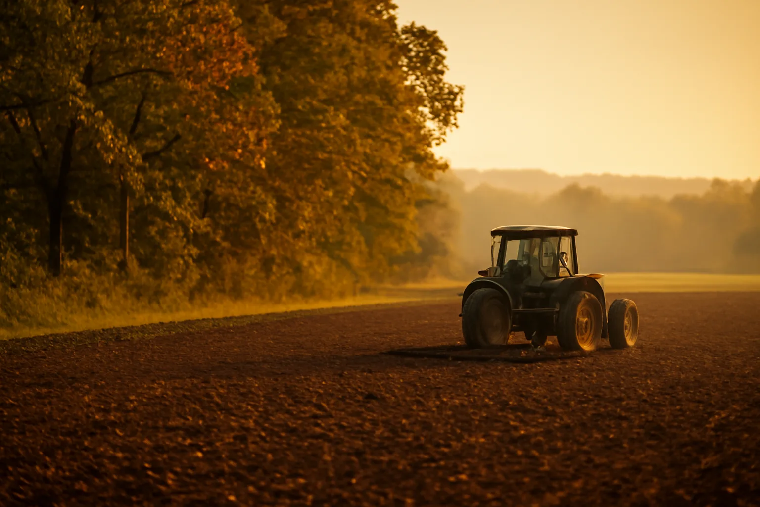 Freshly tilled food plot field edge at sunset near a hardwood tree line