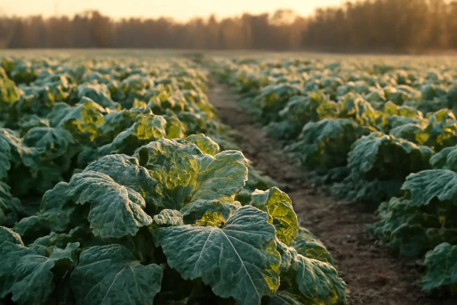 Frost-covered brassica winter food plot rows at golden hour near a timber edge