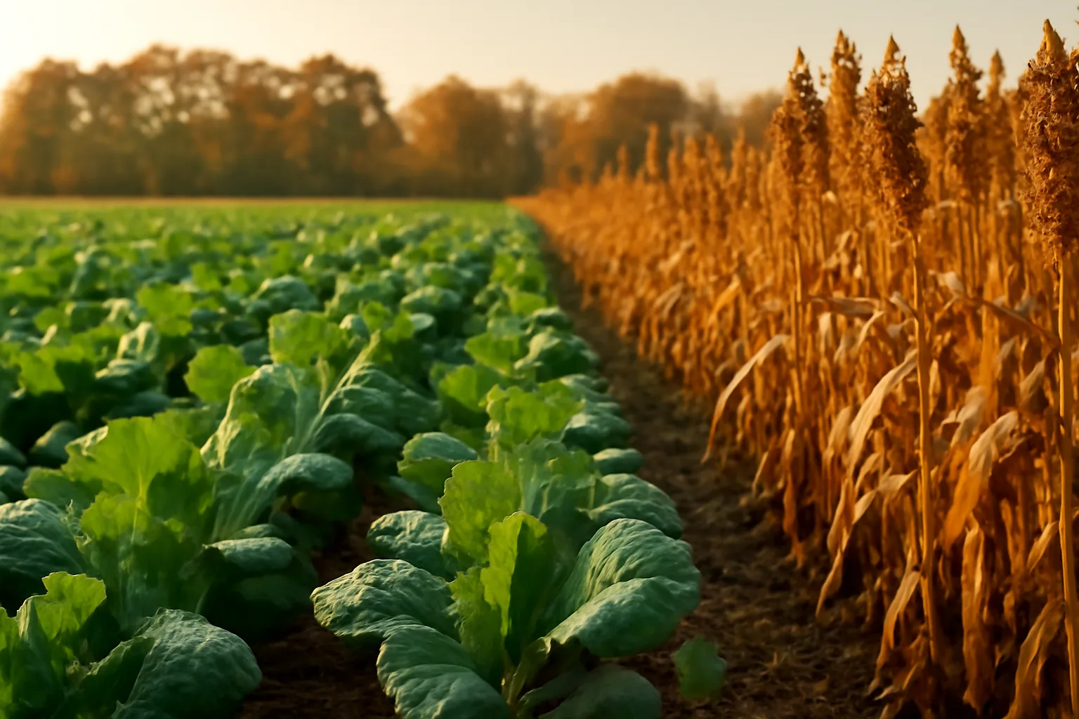 Fall food plot field with brassica rows beside standing sorghum at golden hour
