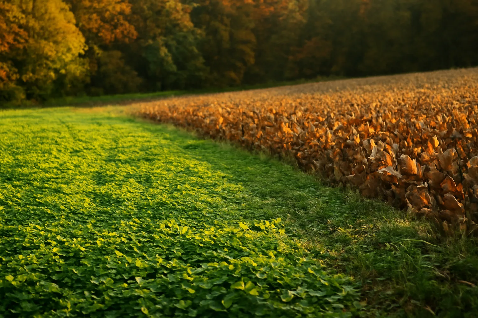 Food plot field with clover and brassica rows bordered by fall hardwood timber