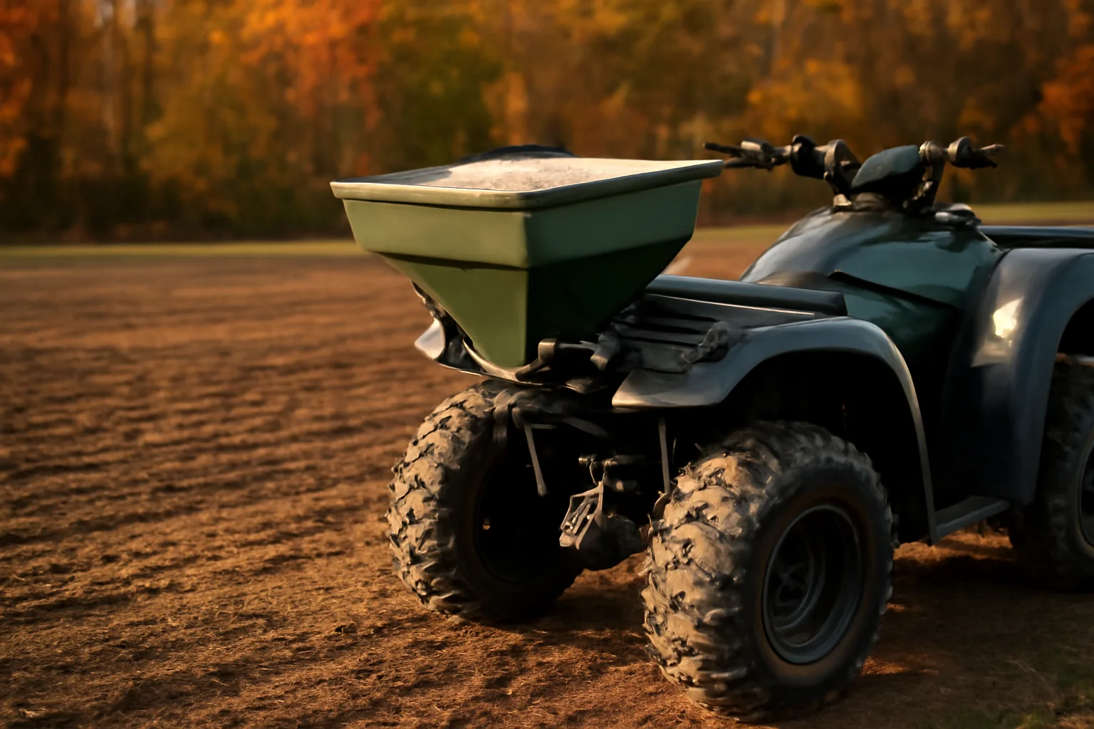 ATV spreader applying granular fertilizer across a freshly tilled deer food plot