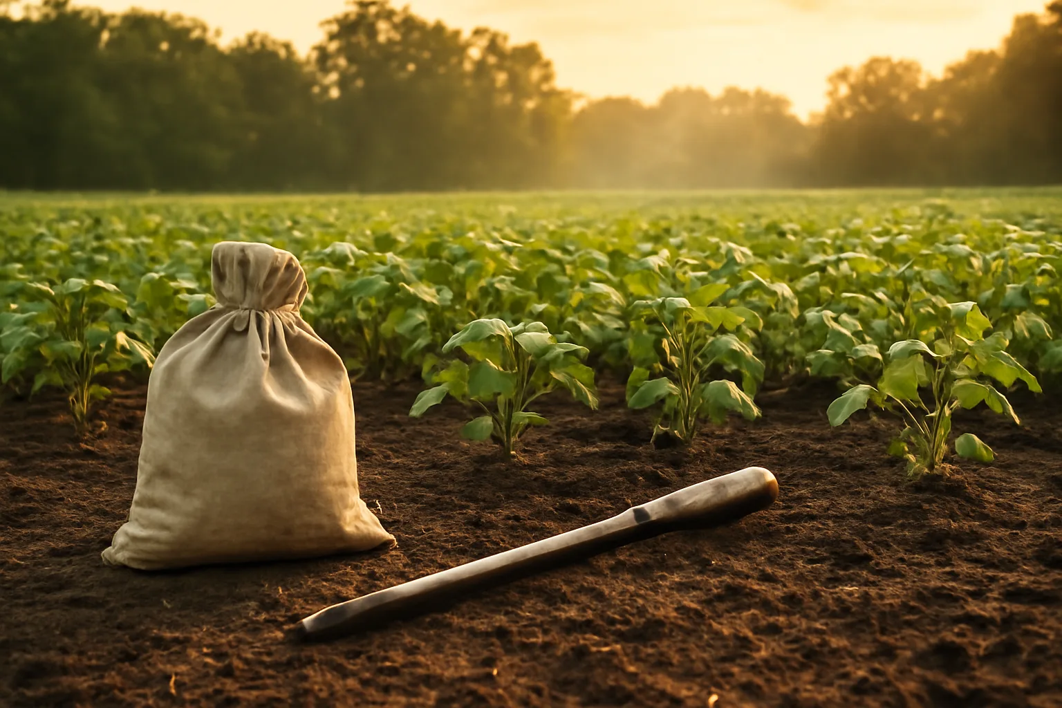 soybean food plot rows at dawn with soil probe and seed bag in foreground