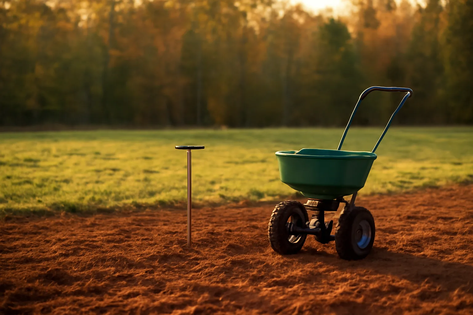 Broadcast spreader and soil probe on freshly tilled acidic food plot soil at dusk