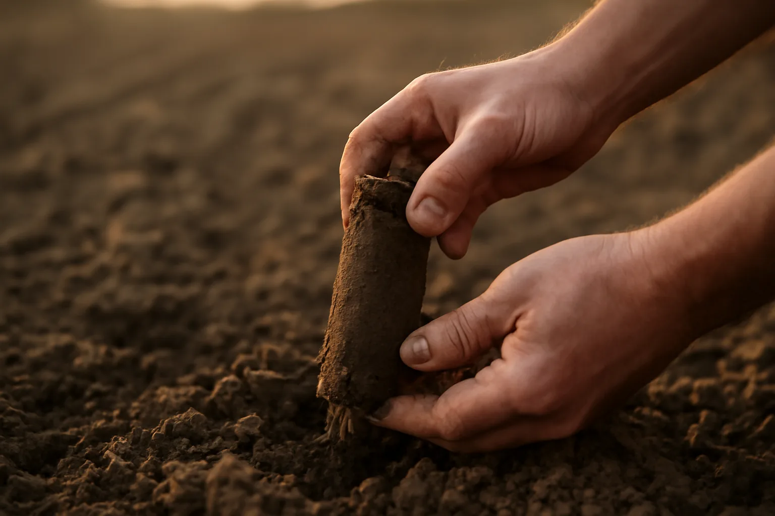 Hands collecting a soil sample from a food plot to test pH before planting