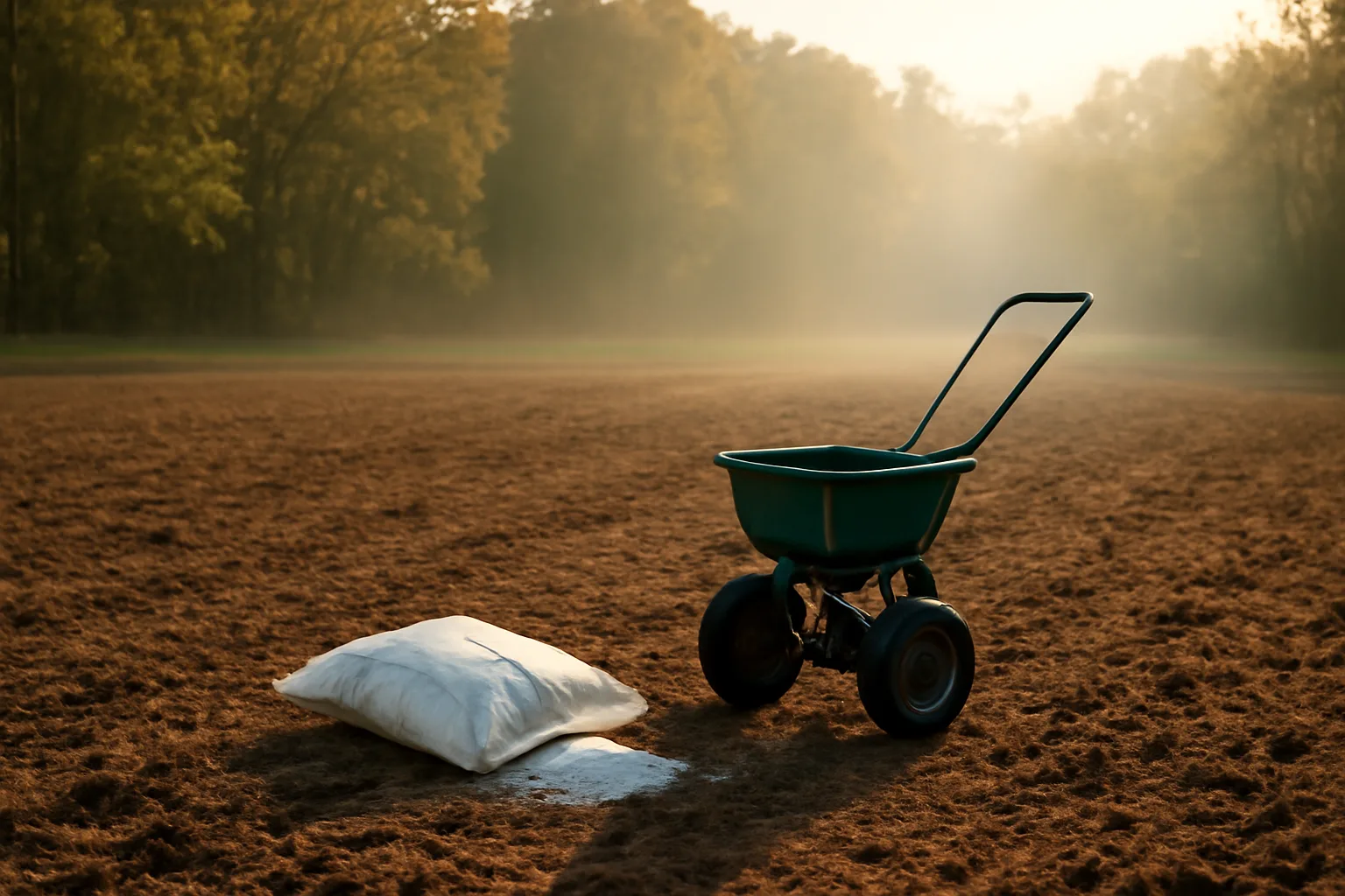 Freshly tilled deer food plot at forest edge with fertilizer spreader at dawn