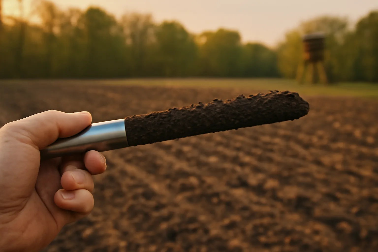Hand holding a soil core sample above a freshly disked deer food plot field