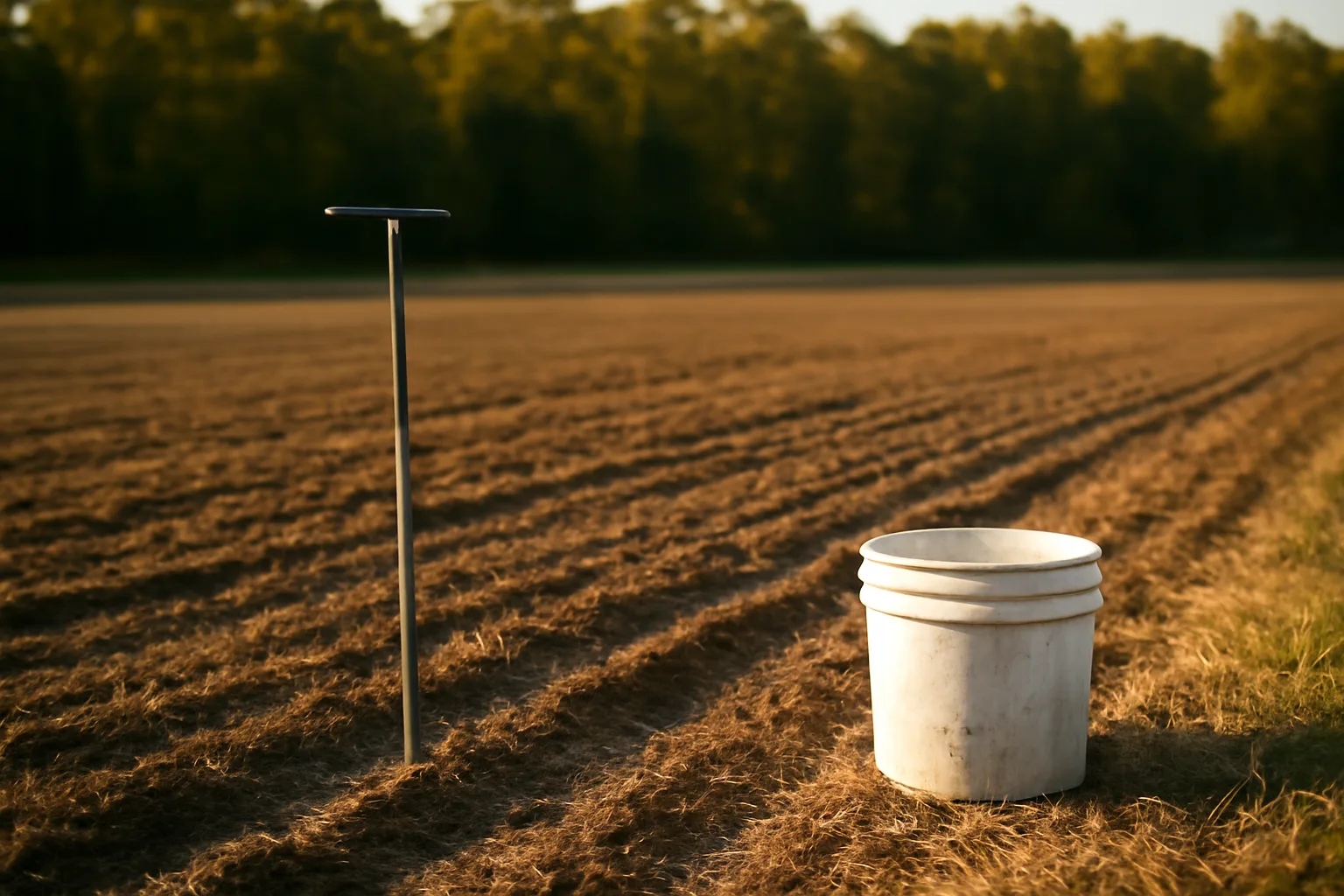 Freshly fertilized food plot soil with a soil probe and bucket at the field edge