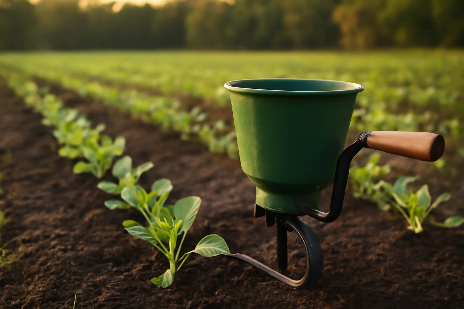 Broadcasting granular fertilizer over young food plot seedlings in late afternoon light