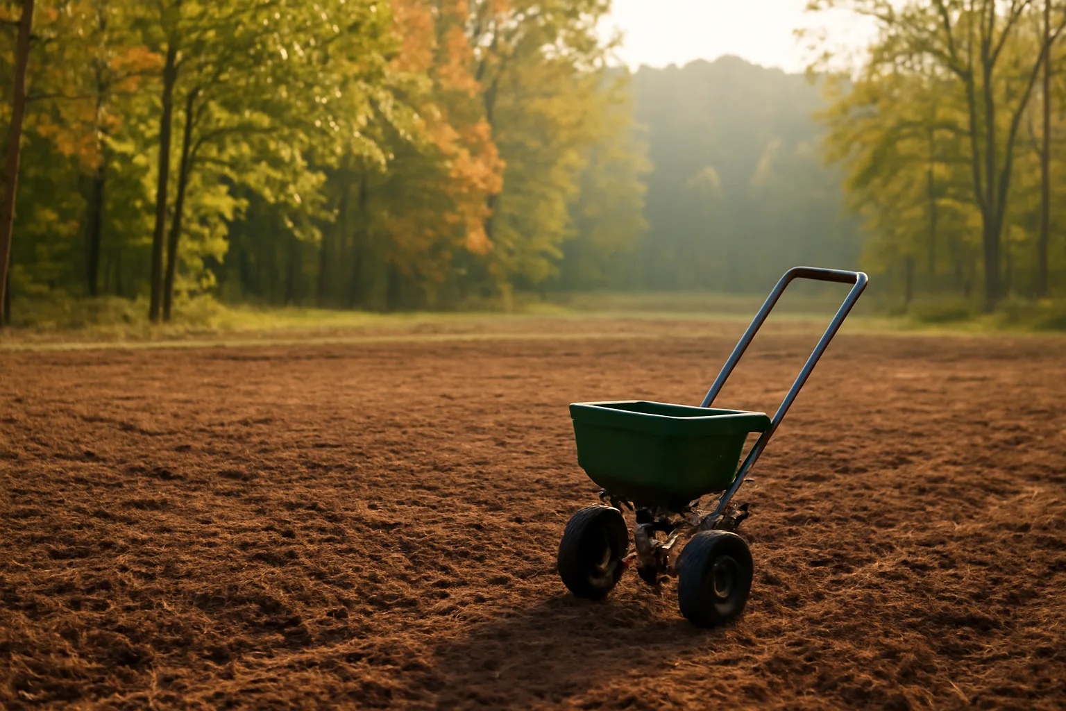 Freshly tilled food plot clearing with a fertilizer spreader at forest edge