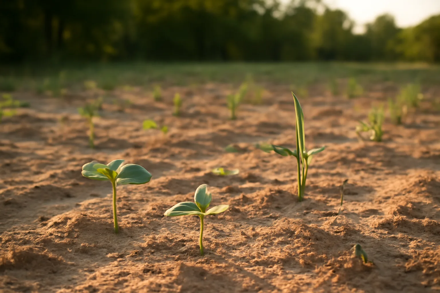 Young cowpea and sorghum seedlings growing in loose sandy food plot soil