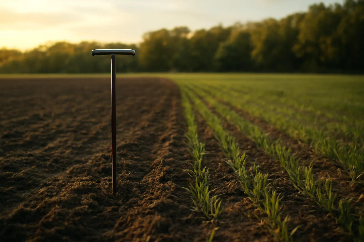 Tilled food plot field with young oat sprouts growing in acidic soil