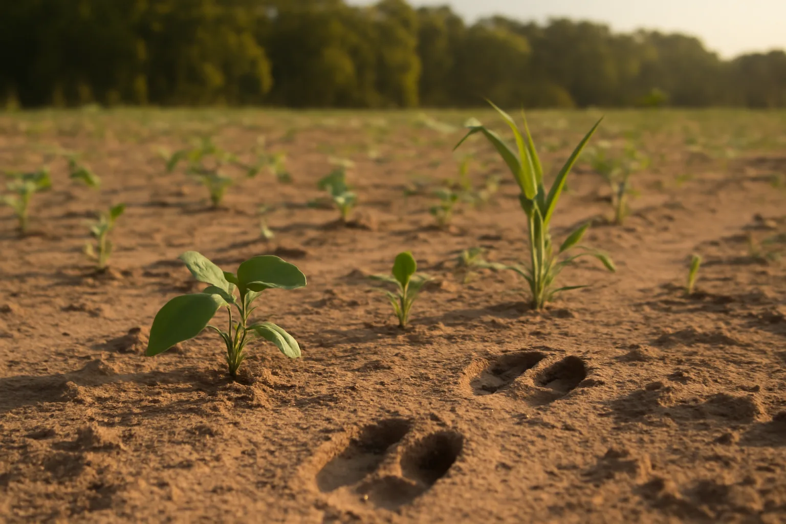 Young food plot seedlings growing in loose sandy soil near a wooded edge