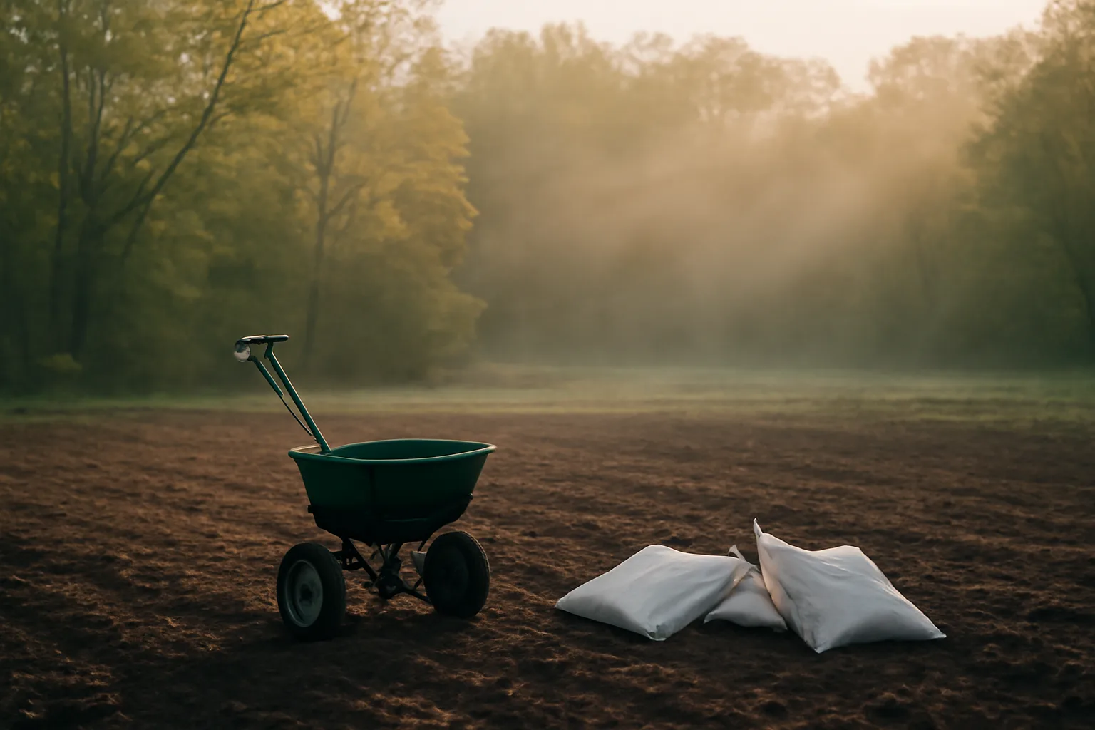 Hand spreader and fertilizer bags on a freshly tilled quarter acre food plot at dawn