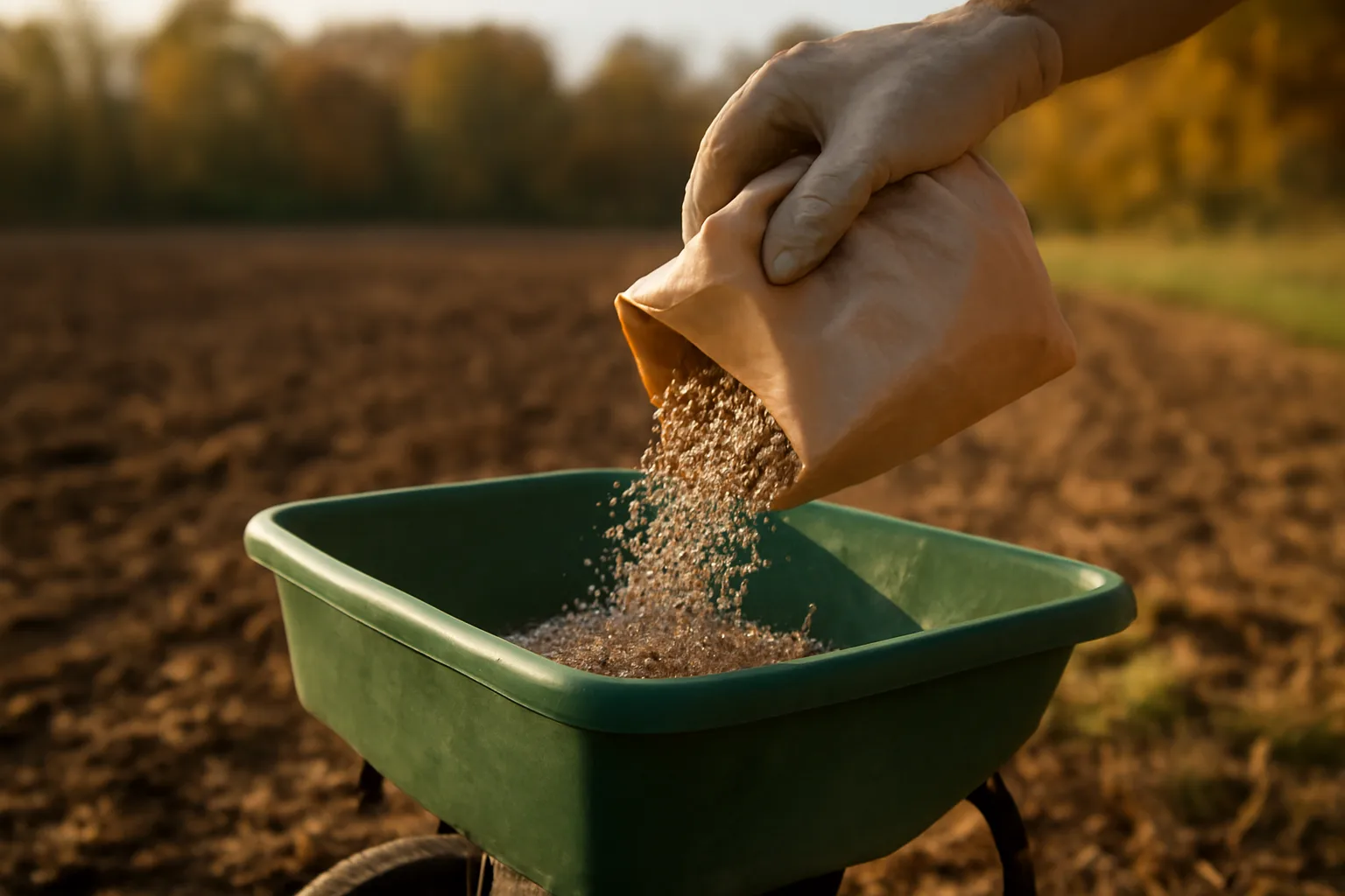 Hand pouring granular fertilizer into a spreader beside a freshly tilled deer food plot