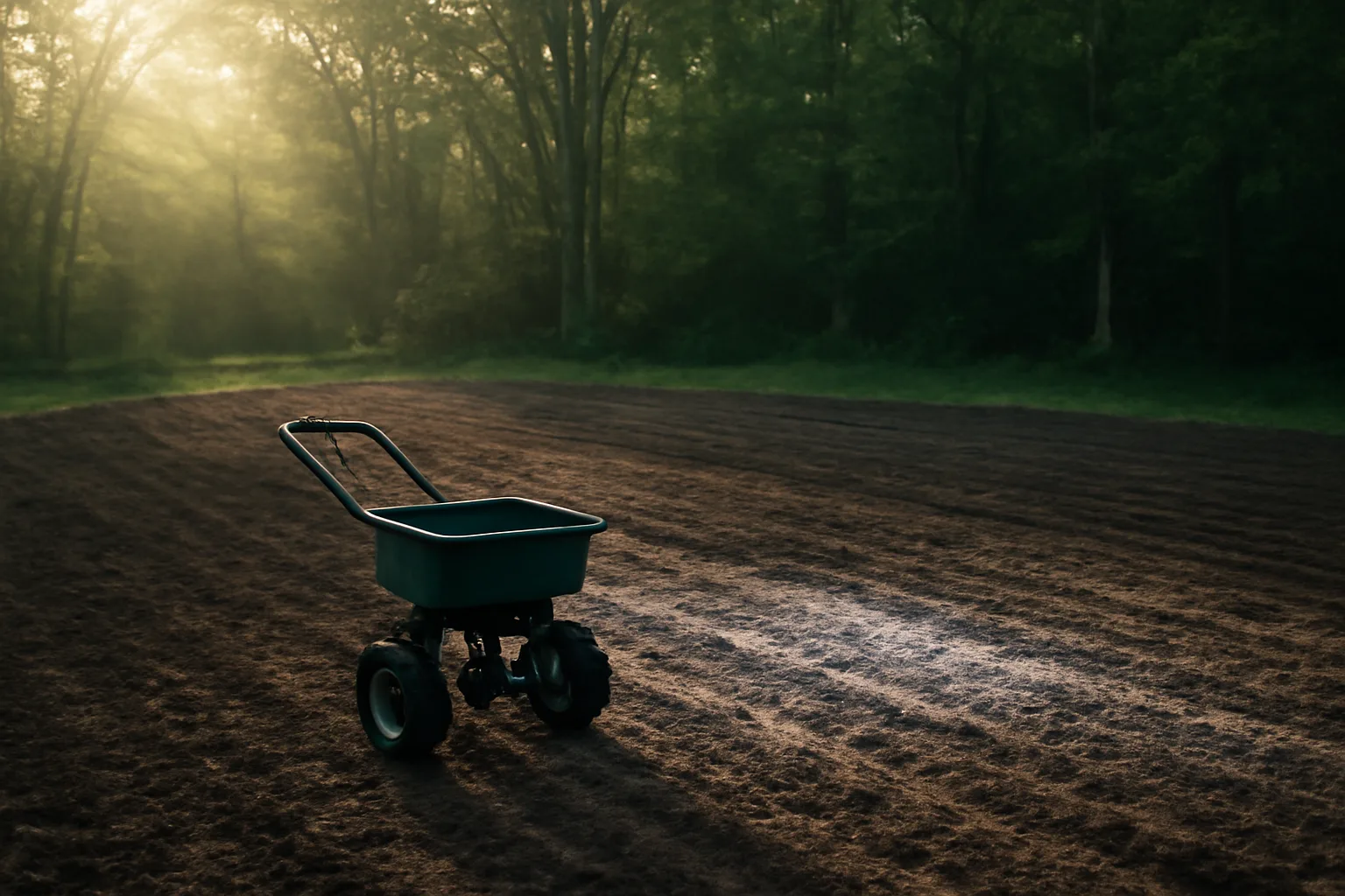 Half-acre food plot soil freshly limed and tilled at forest edge in morning light