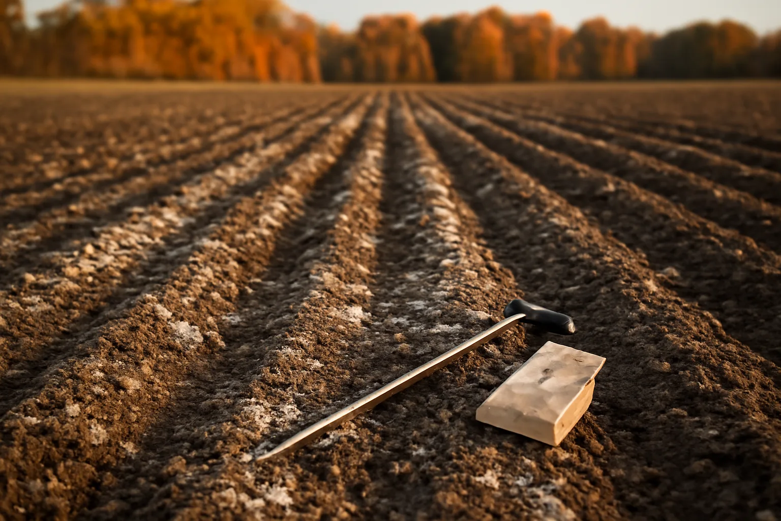 Tilled food plot field with lime being spread across dark soil before planting