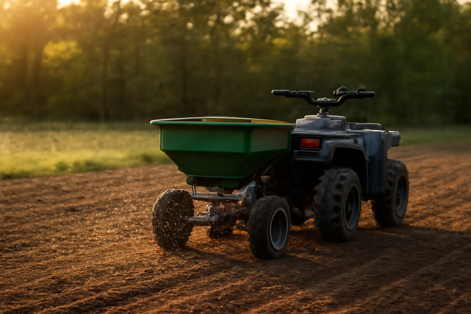 ATV pulling a broadcast spreader applying fertilizer across a tilled food plot